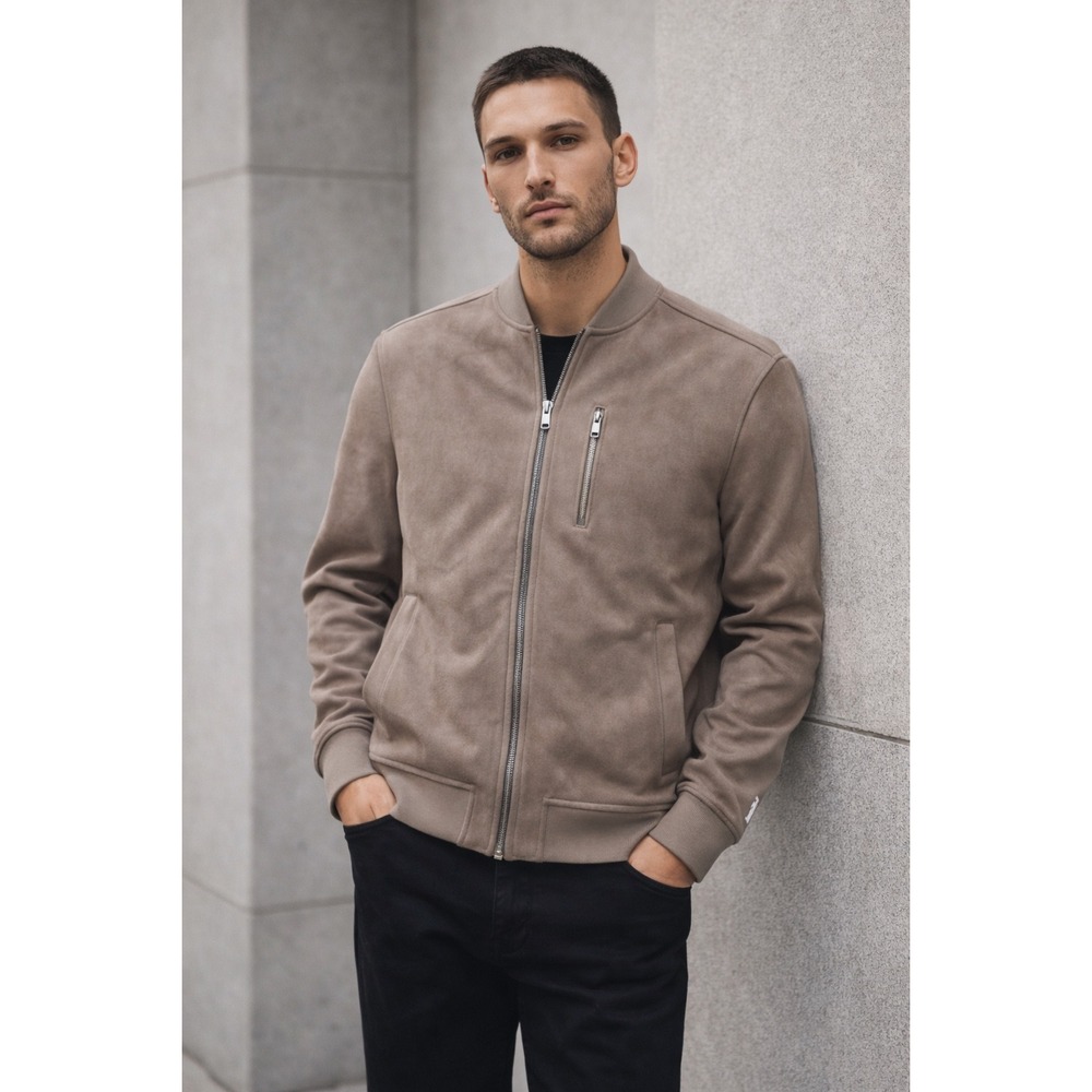Ben Sherman Tan Faux Suede Bomber Jacket Full‎ Zip Casual Lightweight Mens Sz M